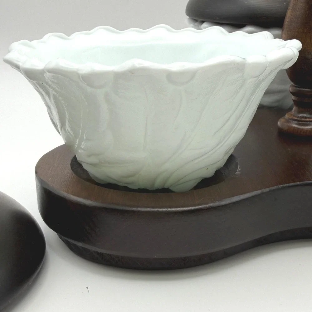 Vintage Cornwall Wood Tripod Nut Relish Dish 3 Milk Glass Bowls Maine USA